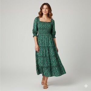 Hill House Nesli Nap Dress Emerald Floral Ruched Tiered Midi Sz 2X Back Tie